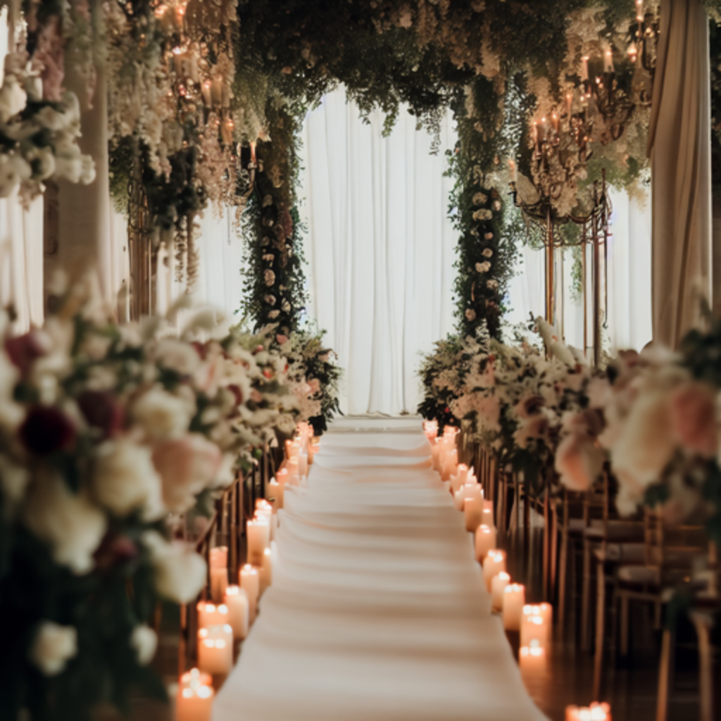  A romantic wedding aisle adorned with flowers and candles, perfectly complemented by a Beyoncé aisle walk song