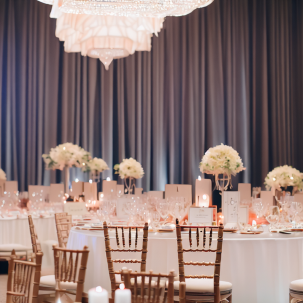An elegant wedding reception setup, with Beyoncé love songs playing softly in the background.