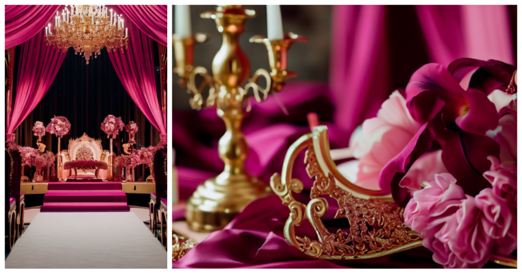 Dramatic fuchsia and luxurious gold wedding details for an August ceremony
