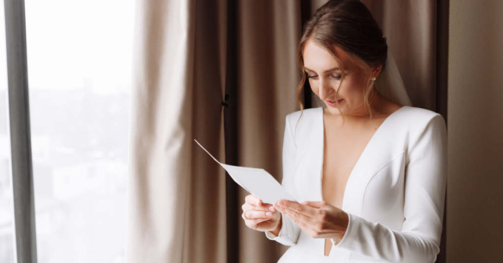 Bride reading a heartfelt letter from her best friend, filled with cherished memories and well-wishes