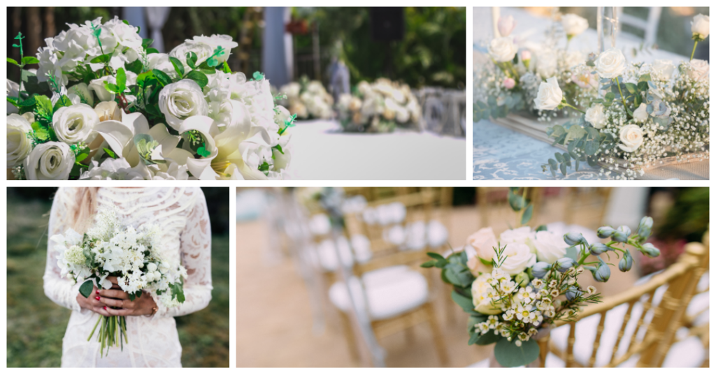 Timeless white and lush greenery wedding arrangement for an August celebration