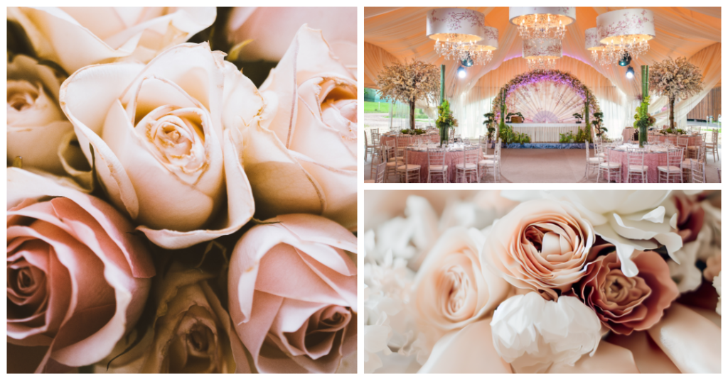 Romantic rose gold and elegant ivory wedding setup for a sophisticated August event