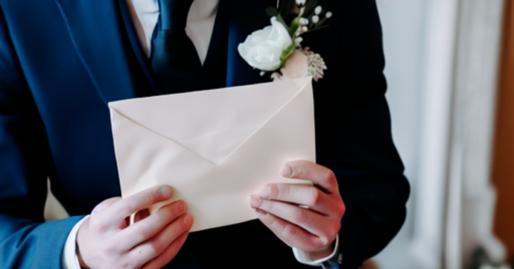 Groom holding a lovingly written letter for his mom on his wedding day