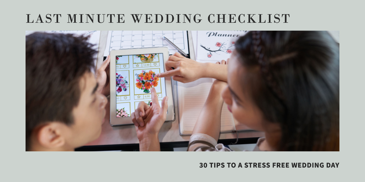 Bride and groom reviewing their last-minute wedding checklist