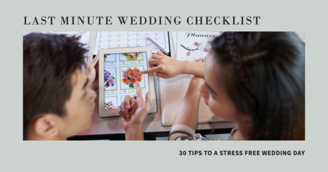 Bride and groom reviewing their last-minute wedding checklist