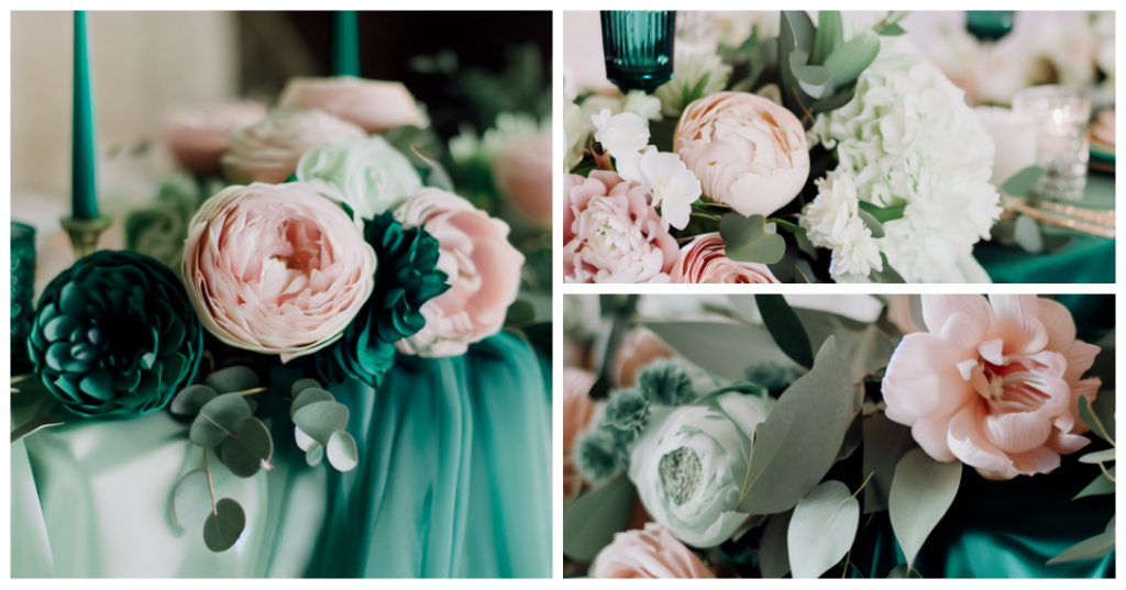 Elegant emerald and delicate blush pink wedding decor for an August celebration