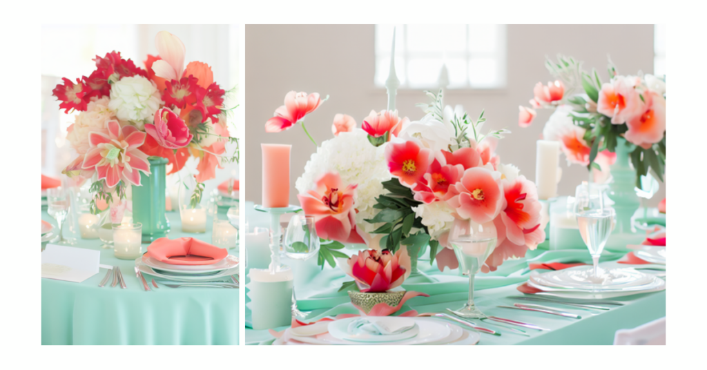 Light and airy mint and vibrant coral wedding setup for an August celebration