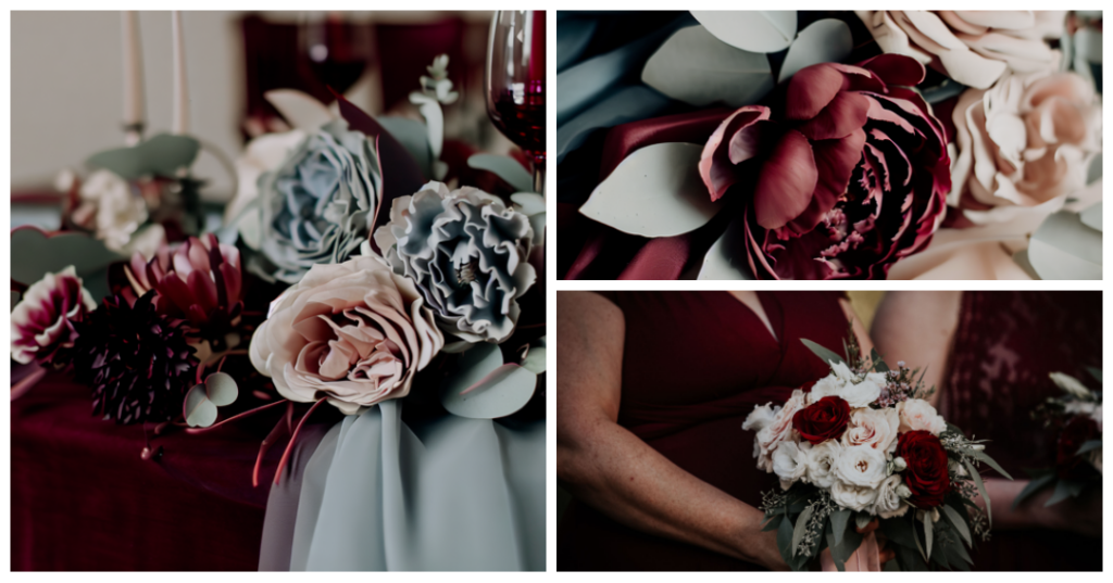 Charming burgundy and dusty blue wedding decorations for a rustic August celebration
