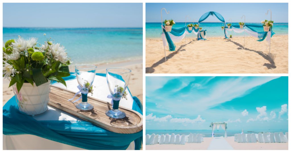 Tranquil sky blue and warm sand beach-themed wedding for an August ceremony