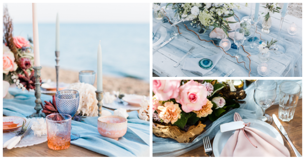 Eye-catching teal and warm peach wedding decorations for a lively August celebration