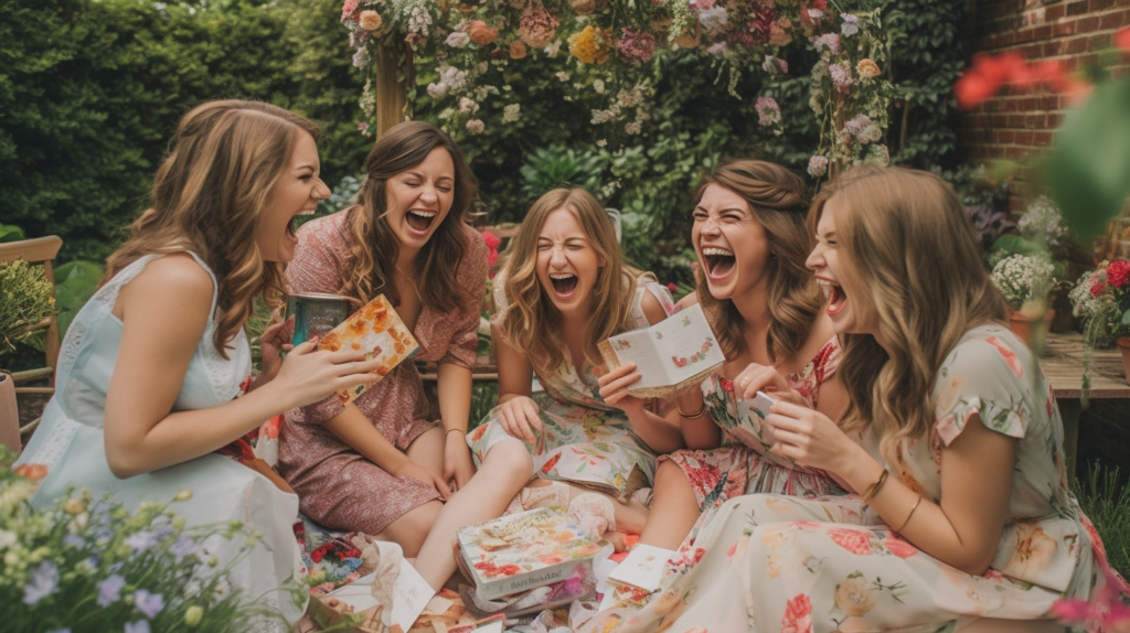 Women enjoying playing a bridal party game outside