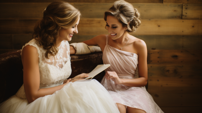 Bride laughing about letter from bridesmaid
