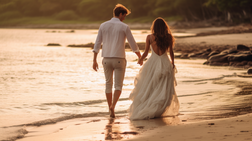 bride and groom walking barefoot on beach