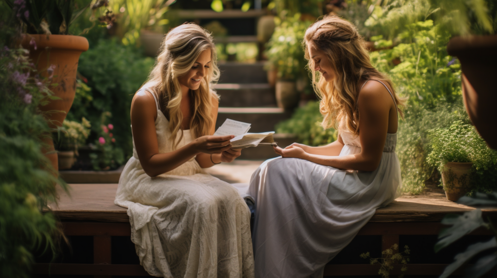 bridesmaids sitting together writing a letter to bride