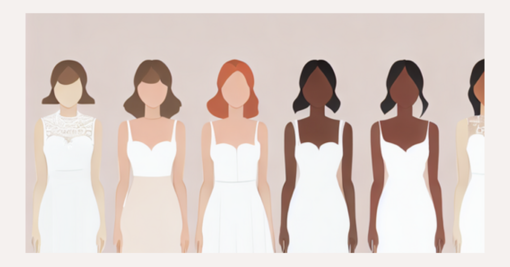 Infographic displaying various wedding dress colors against different skin tones, illustrating the impact of color choice.