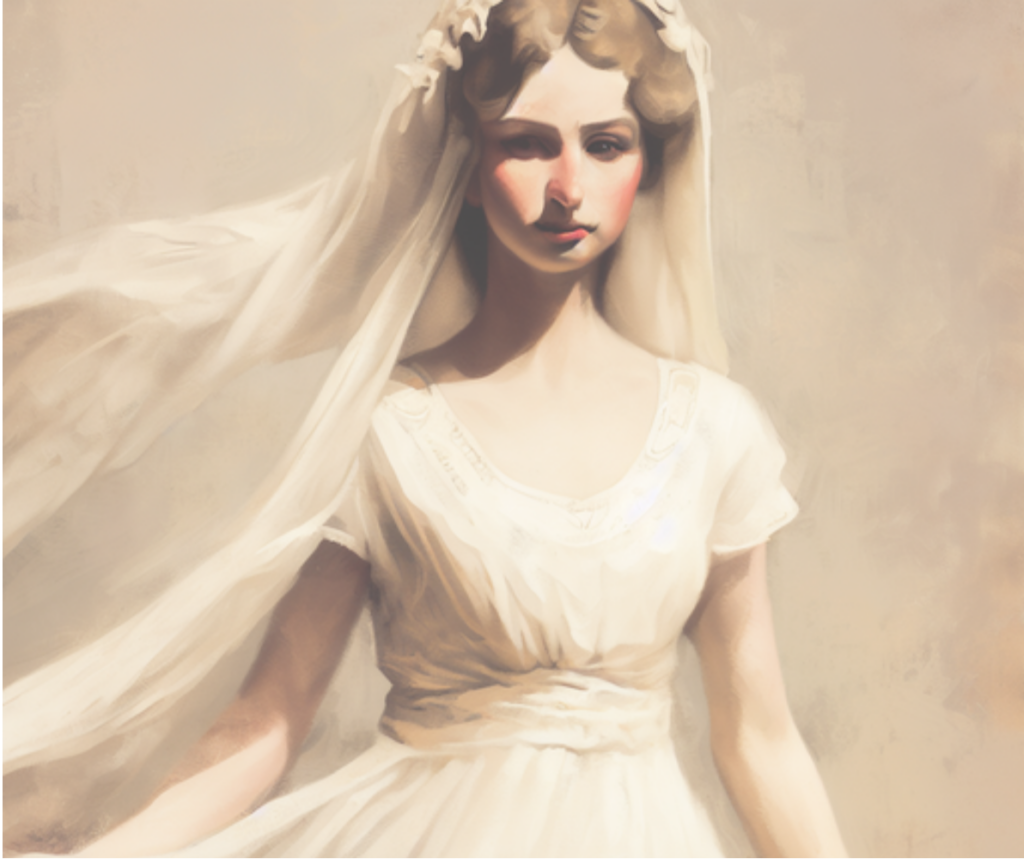 Artistic representation of a bride during the Roman Empire era wearing an ivory wedding gown.