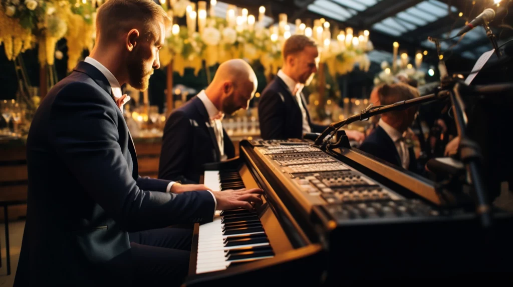 band with a piano at wedding
