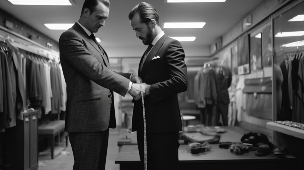 Tailor working with man to get the perfect fit for his altered suit