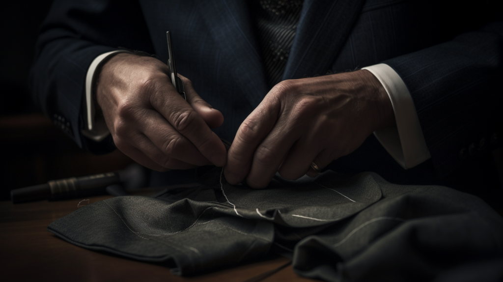 tailor working on sewing a suit jacket by hand
