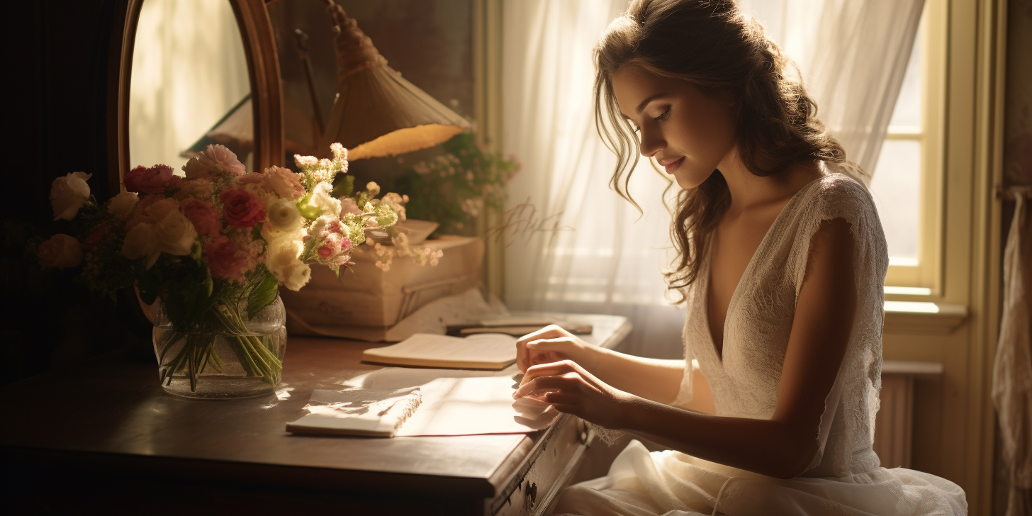 bride getting ready for wedding day and reading a letter