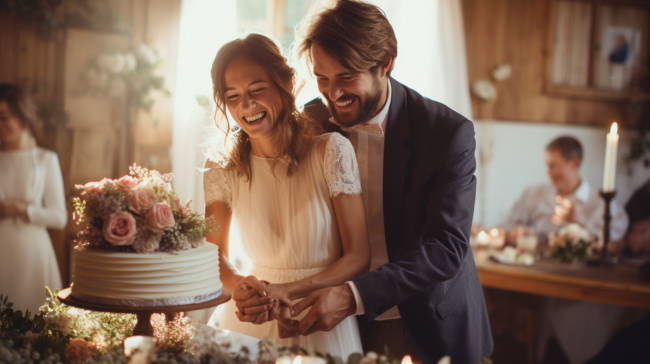 joyful couple cutting wedding cake