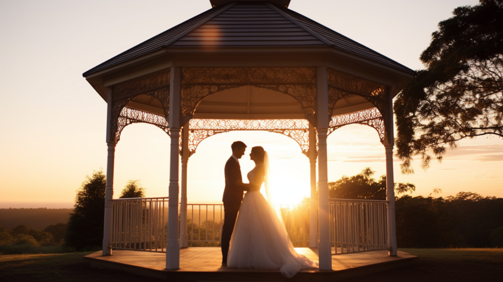 romantic outdoor picture in gazebo of bride and groom