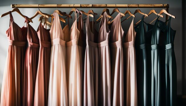 bridesmaid dresses hanging on rack