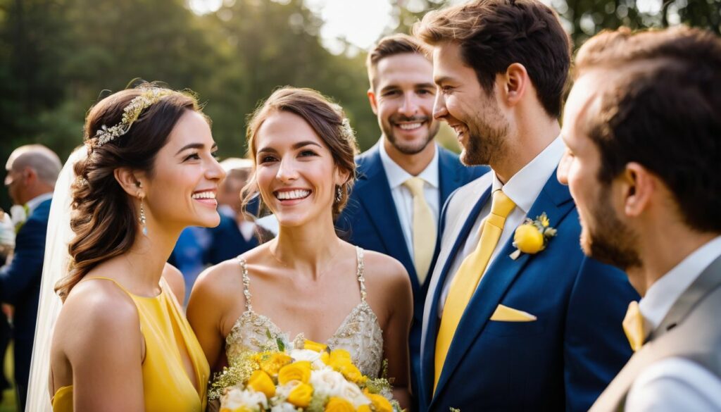 guests wearing yellow to a wedding