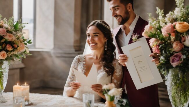 bride and groom holding wedding invitation