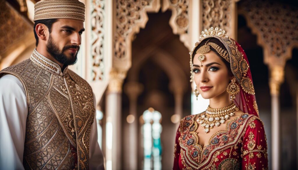 traditional wedding attire for Muslim men and women
