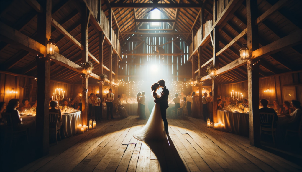 A bride and groom first dance in the center of a rustic barn. 