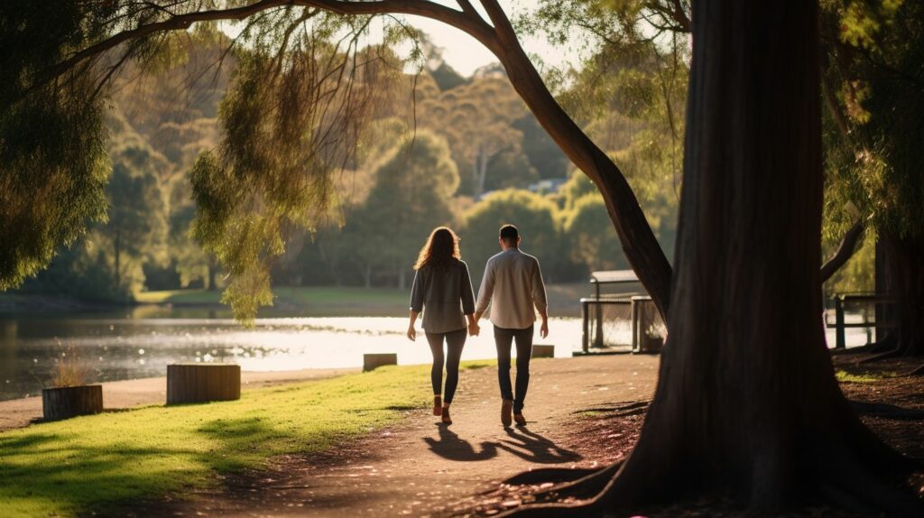 couple walking together by river