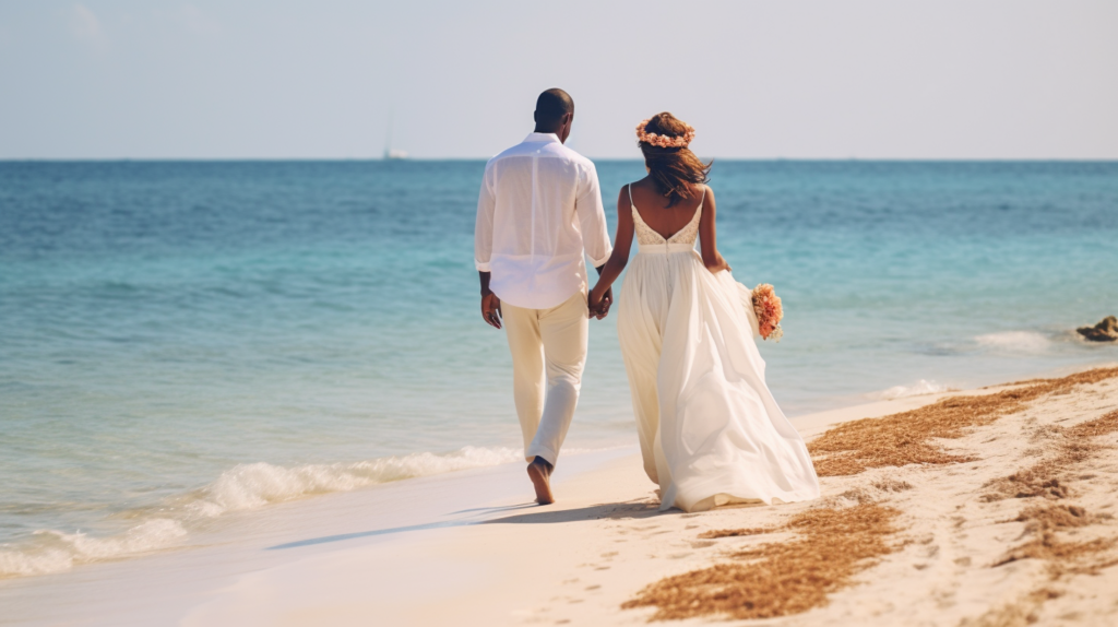 bride and groom walking down beach