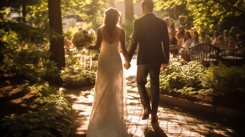 A couple walking hand in hand through outdoor wedding
